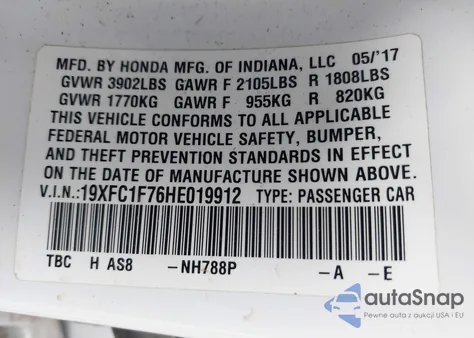2017 Honda Civic Ex-L z USA, uszkodzony, nr VIN 19XFC1F76HE019912